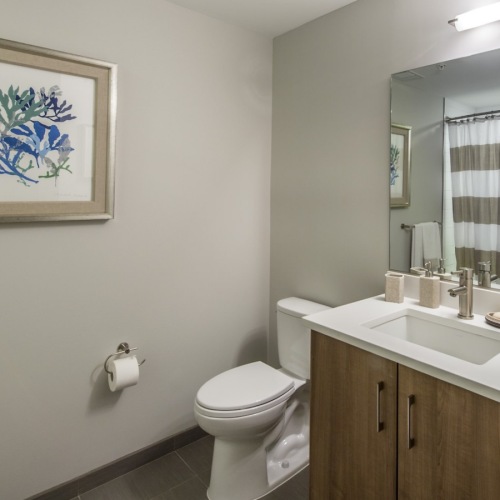 a bathroom with a toilet and a mirror